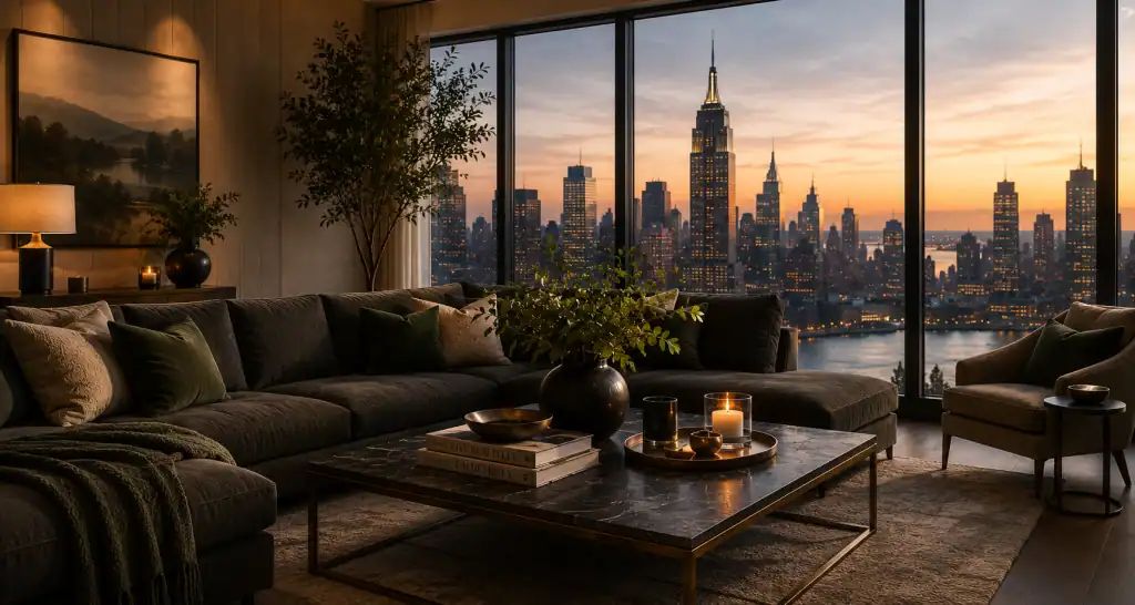 Modern luxury living room with dark seating, a styled coffee table, and a New York City skyline at sunset.