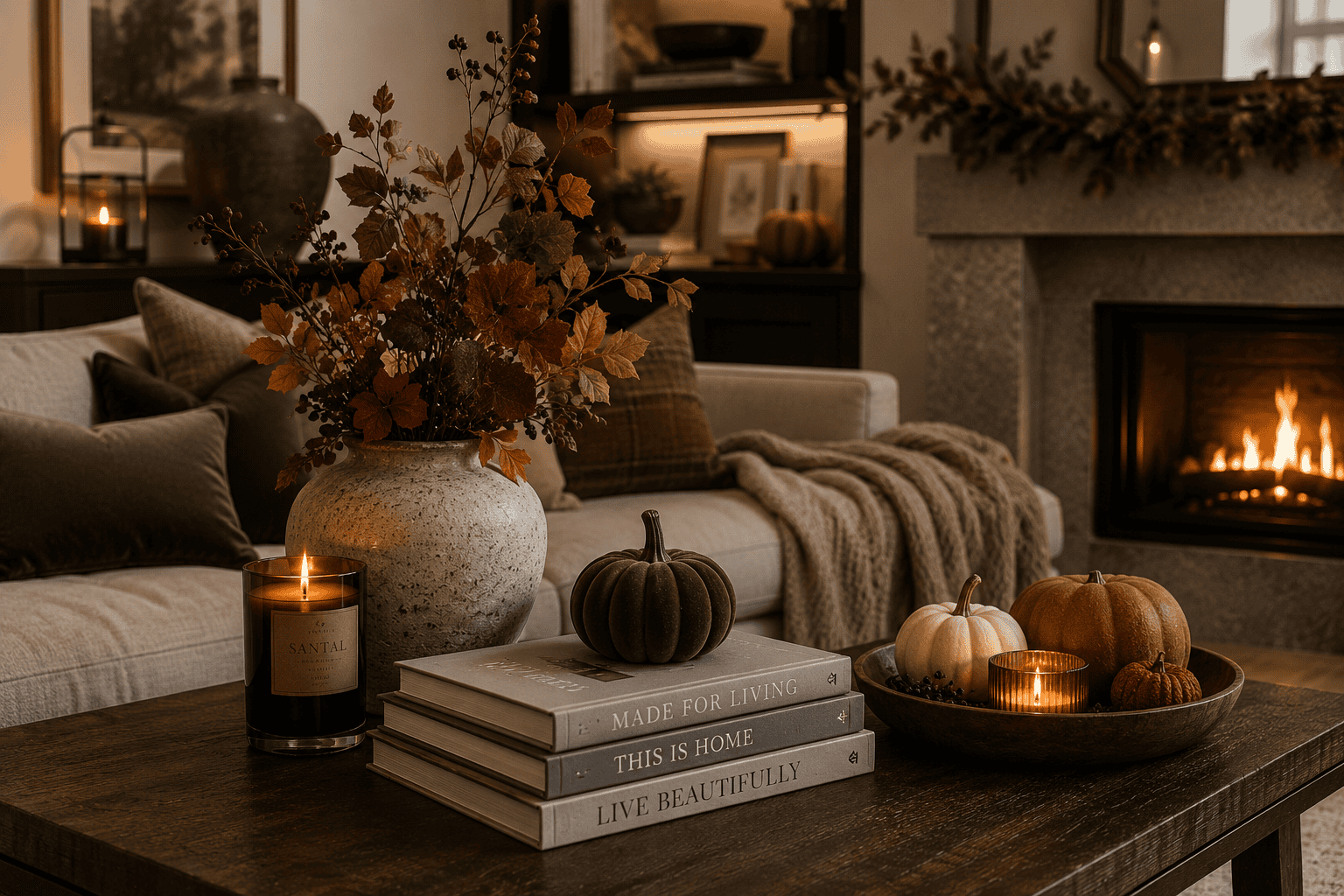 A warm autumn living room styled with pumpkins, fall foliage, and a glowing fireplace, creating a cosy seasonal atmosphere.