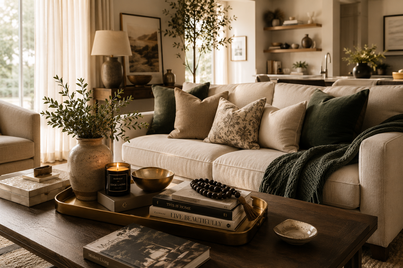 Warm, beautifully styled living room representing Harvest Edge Living decor ideas