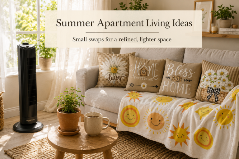Sunlit small apartment living room corner styled for summer, with a farmhouse daisy pillow set, a sunshine-print throw blanket, a black oscillating tower fan, a potted plant, and a steaming coffee mug on a wood side table