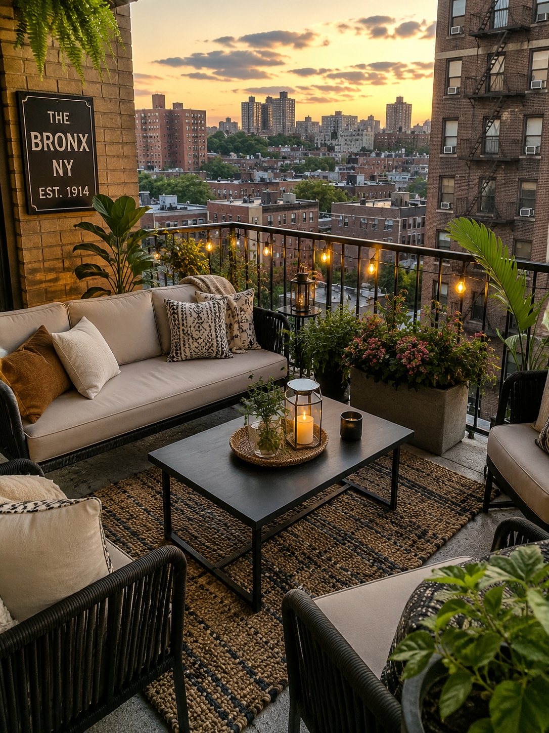 Bronx rooftop balcony at sunset styled with dark rattan furniture, string lights, and a city skyline view.