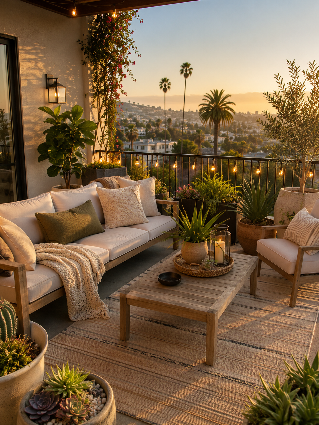 California hillside balcony at golden hour styled with light wood furniture, olive pillows, and palm tree views.