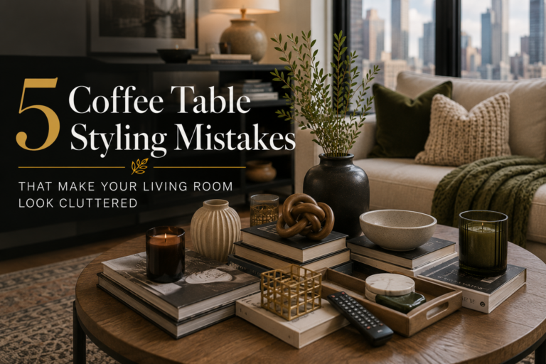 Styled coffee table with a wood tray, stacked books, a dark ceramic vase, candles, and a bowl, showing how to avoid clutter in coffee table decor