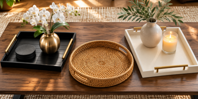 Three coffee table trays displayed side by side on a wood table: a black rectangular tray with gold handles and a gold vase of white orchids, a round woven rattan tray, and a white rectangular tray with gold handles holding a lit candle and a cream vase with greenery