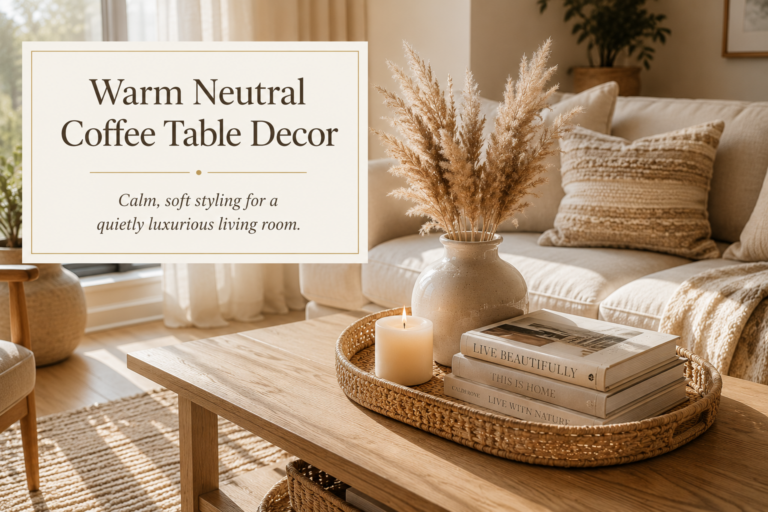 Warm neutral coffee table styling with a natural wood table, woven rattan tray, cream ceramic vase with dried pampas grass, a lit ivory candle, and a stack of light-cover books, soft natural light and textured neutral pillows in the background