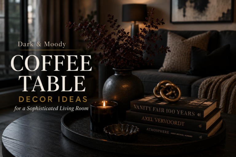 Dark and moody coffee table styling with a black tray, dark ceramic vase with dried botanicals, stacked dark books, a brass decorative object, and a lit candle, warm lamp light in the background