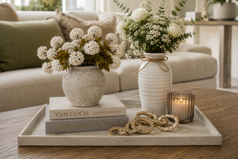 Coffee table styled with a tall ribbed white ceramic vase with a rope tie, a textured stone vase, gold chain link sculptures, a lit candle, and a stack of art books on a stone tray, in a warm living room