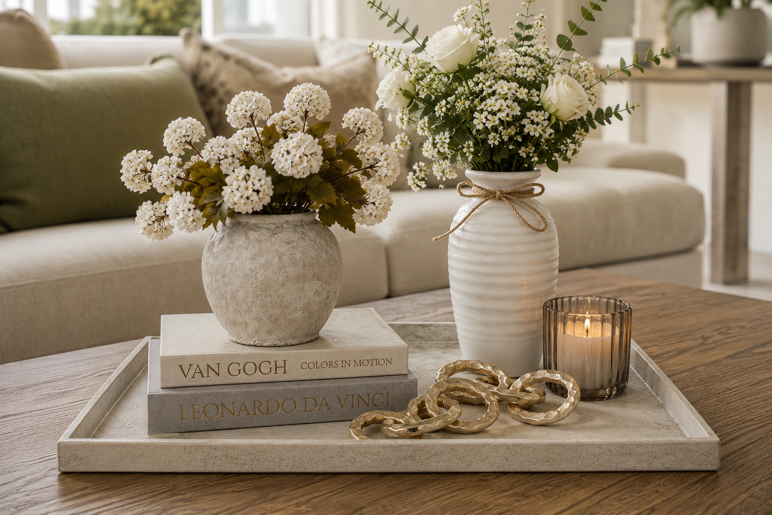 Coffee table styled with a tall ribbed white ceramic vase with a rope tie, a textured stone vase, gold chain link sculptures, a lit candle, and a stack of art books on a stone tray, in a warm living room