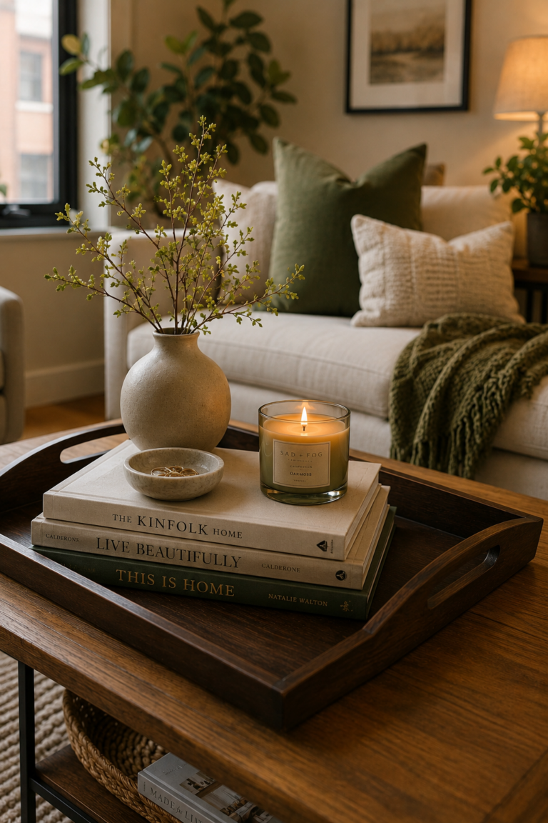 Warm neutral living room coffee table styled with a dark wood tray, stacked books, a ceramic vase with branches, a lit candle, and a small stone bowl.